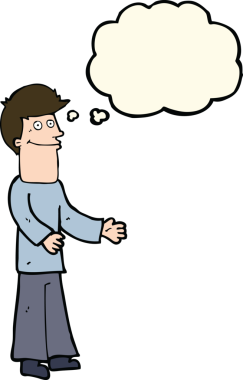 Bir insan tarafından çizilmiş düşünce baloncuğuyla omuzlarını silkeleyen çizgi film adamı.