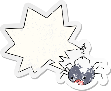 Konuşma baloncuklu çizgi film örümceği bir insan tarafından çizilmiş sıkıntılı eski bir çıkartma