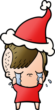 Bir insan tarafından çizilmiş Noel Baba şapkası giymiş ağlayan bir kızın el çizimi karikatürü.