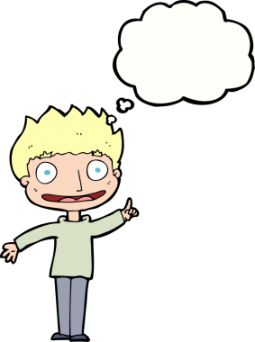 Bir insan tarafından çizilmiş düşünce balonu olan mutlu çocuk çizgi filmi.