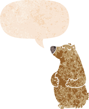 Bir insan tarafından çizilmiş grunge sıkıntılı retro biçimli konuşma balonu ile çizgi film ayısı