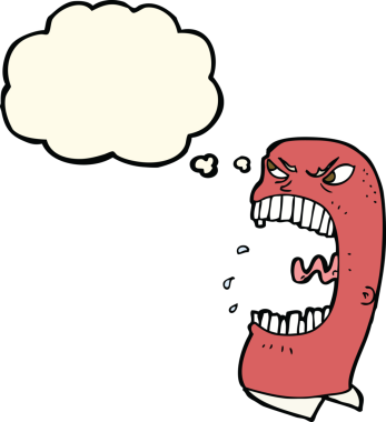 Bir insan tarafından çizilmiş düşünce baloncuğuyla bağıran öfkeli bir adam.