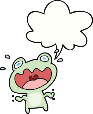 Bir insan tarafından çizilen konuşma baloncuğundan korkan sevimli çizgi film kurbağası.