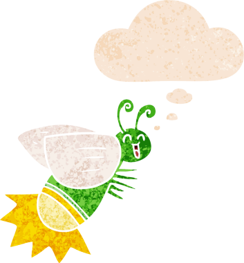 bir insan tarafından çizilmiş grunge sıkıntılı retro desenli düşünce baloncuklu çizgi film böceği