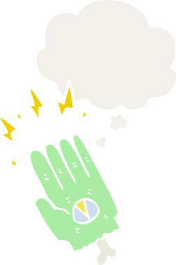 Bir insan tarafından çizilmiş eski tarz düşünce baloncuğu olan ürkütücü cadılar bayramı zombi eli.