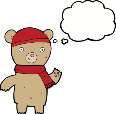 Bir insan tarafından çizilmiş düşünce balonlu oyuncak ayıyı sallayan çizgi film.