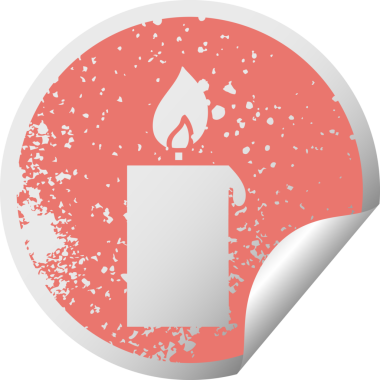 Bir insan tarafından çizilmiş yanan bir mumun dairesel kabuk soyma etiketi.