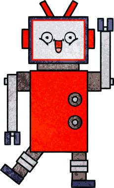 Bir insan tarafından çizilmiş mutlu bir robotun retro grunge dokusu.