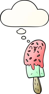 Karikatür buz lolipopu. Düşünce baloncuğu bir insan tarafından çizilmiş.