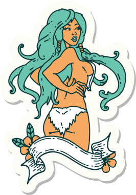 Geleneksel stil dövme çıkartması. Afişi insan tarafından çizilmiş Viking bir kız.