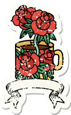 Bir fincan sancağıyla eski bir etiket ve bir insan tarafından çizilmiş çiçekler.