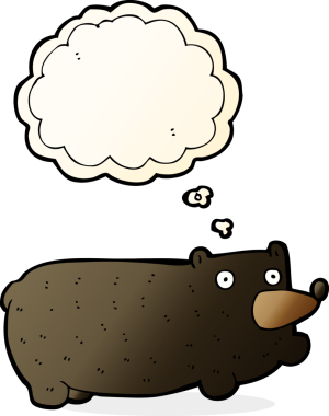 Bir insan tarafından çizilmiş düşünce baloncuklu komik çizgi film ayısı.