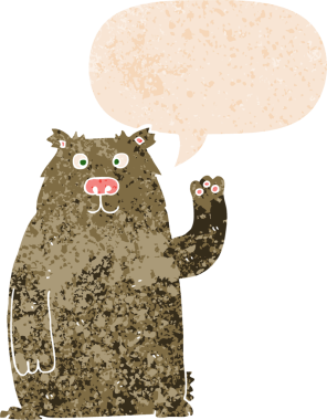 Bir insan tarafından çizilmiş grunge sıkıntılı retro biçimli konuşma balonu ile çizgi film ayısı