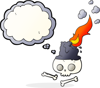 Düşünce baloncuğu karikatürü, insan tarafından çizilmiş kafatası üzerinde yanan mum.