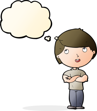 Bir insan tarafından çizilmiş düşünce baloncuğu olan katlanmış kollu mutlu adam çizgi filmi.