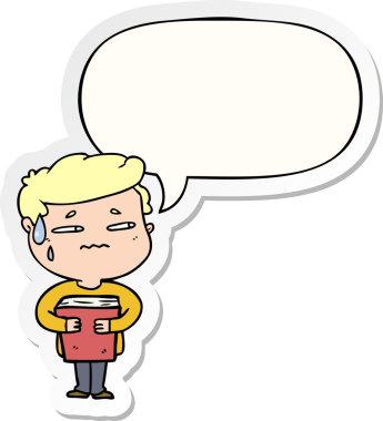 Bir insan tarafından çizilmiş konuşma balonu çıkartmalı kitap taşıyan endişeli bir çocuk.