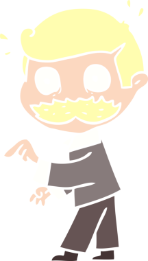 Bıyıklı düz renkli çizgi film karakteri bir insan tarafından çizilmiş.