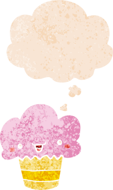 Yüzünde düşünce kabarcığı olan, grunge 'da sıkıntılı eski moda bir insan tarafından çizilmiş çizgi film keki.