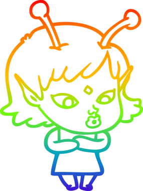 Gökkuşağı gradyan çizgisi bir insan tarafından çizilmiş güzel bir uzaylı kızın çizimi.