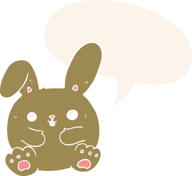 Konuşma baloncuklu çizgi film tavşanı insan tarafından çizilmiş.