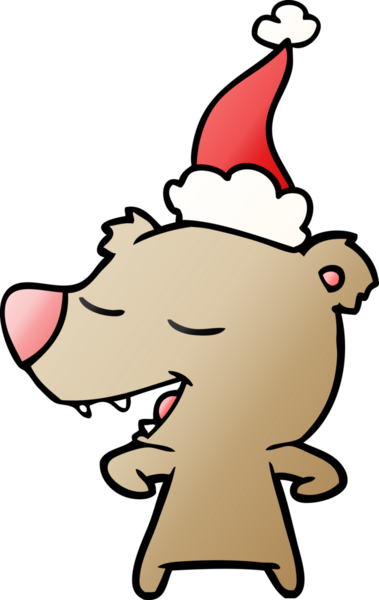 Bir insan tarafından çizilmiş Noel Baba şapkası giymiş bir ayının el çizimi karikatürü.