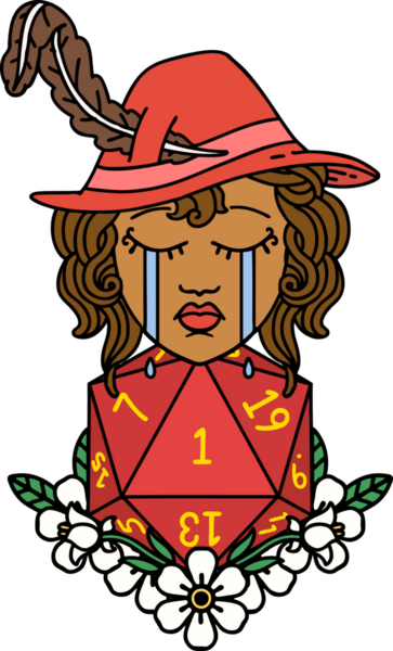 Retro Dövme Tarzı Ağlayan İnsan Ozanı Bir insan tarafından çizilmiş doğal bir D20 zar ile