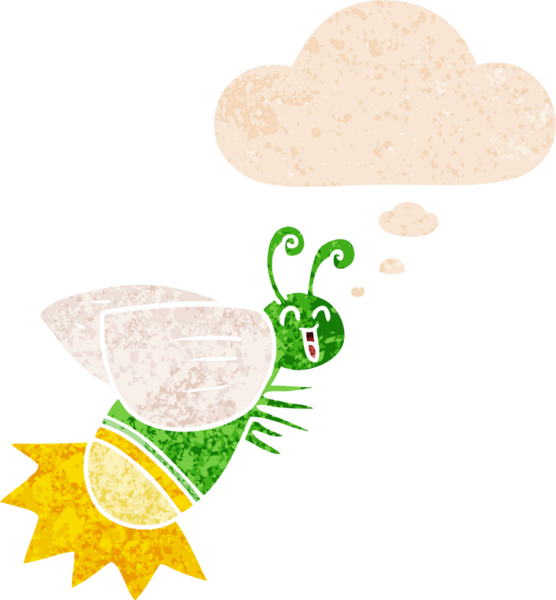 bir insan tarafından çizilmiş grunge sıkıntılı retro desenli düşünce baloncuklu çizgi film böceği