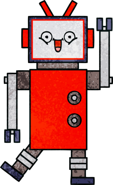 Bir insan tarafından çizilmiş mutlu bir robotun retro grunge dokusu.