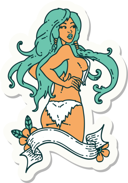 Geleneksel stil dövme çıkartması. Afişi insan tarafından çizilmiş Viking bir kız.