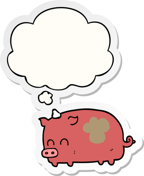 Bir insan tarafından çizilmiş bir çıkartma olarak düşünce baloncuğu olan şirin çizgi film domuzu.