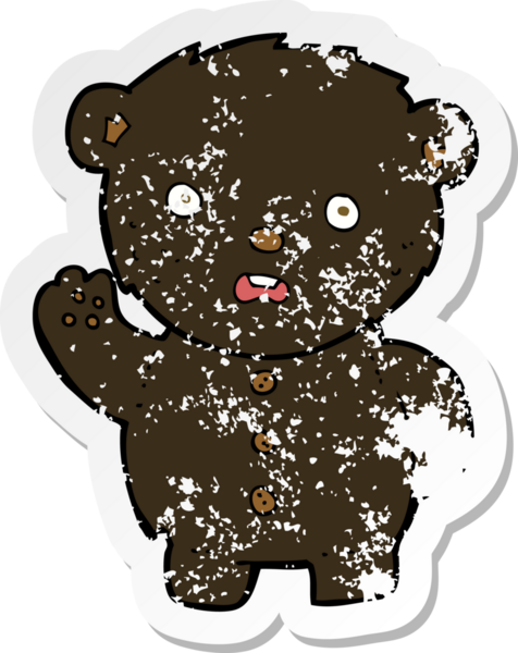 Bir insan tarafından çizilmiş mutsuz siyah oyuncak ayı çizgi filminin kederli retro yapıştırması.