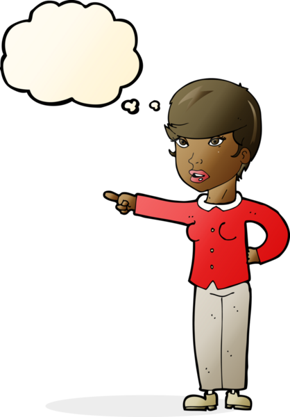 Bir insan tarafından çizilmiş düşünce baloncuğuyla suçlanan çizgi film kadını.