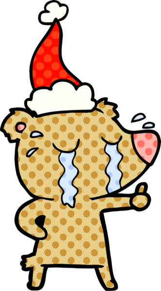 Bir insan tarafından çizilmiş Noel Baba şapkası giymiş ağlayan bir ayının el çizimi çizgi roman çizimi.