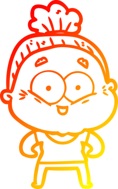 Bir insan tarafından çizilmiş mutlu, yaşlı bir kadının sıcak çizgi çizimi.