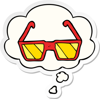 Düşünce baloncuklu çizgi film gözlükleri insan tarafından çizilmiş bir çıkartma gibi.