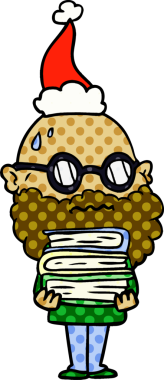 El çizimi çizgi roman tasviri sakallı ve Noel Baba şapkası takan endişeli bir adamın çizimi.