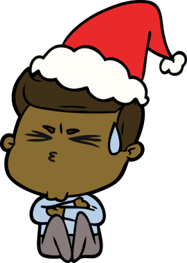 Bir insan tarafından çizilmiş Noel Baba şapkası giymiş terleyen bir adamın el çizimi.