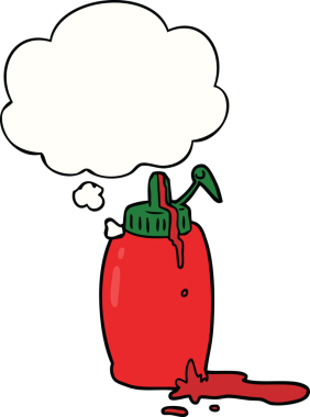 Bir insan tarafından çizilmiş düşünce baloncuklu ketçap şişesi.