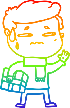 Gökkuşağı gradyan çizimi bir insan tarafından çizilmiş Noel hediyesi ile endişeli bir adamın çizgi filmi.