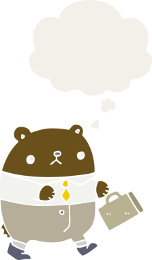 İnsan tarafından çizilmiş düşünce baloncuğu olan iş kıyafetleri içindeki çizgi film ayısı.