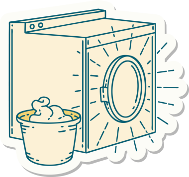 Bir insan tarafından çizilmiş dövme stili çamaşır makinesi çıkartması.