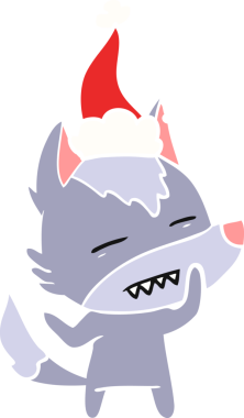 Bir insan tarafından çizilmiş Noel Baba şapkası takan bir kurdun düz renk çizimi.