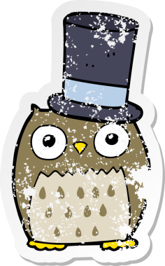 Bir insan tarafından çizilmiş silindir şapkalı bir baykuşun sıkıntılı çıkartması.