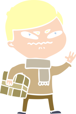 Düz renkli karikatür. Kızgın adam bir insan tarafından çizilmiş paketi taşıyor.