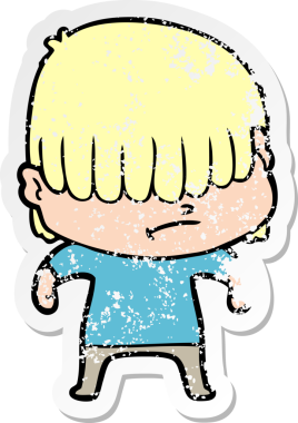 Bir insan tarafından çizilmiş dağınık saçlı bir çizgi film çocuğunun sıkıntılı çıkartması.