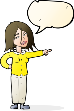 Bir insan tarafından çizilmiş bir konuşma balonuyla işaret eden çizgi film kadını.