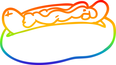 Bir insan tarafından çizilmiş hardallı ve ketçaplı sosisli sandviç çizimi.