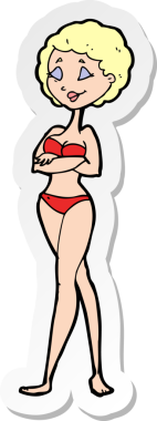 Bir insan tarafından çizilmiş bikinili eski bir karikatür kadın çıkartması.