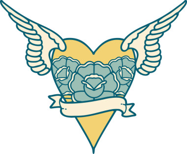 Kanatları ve pankartı insan tarafından çizilmiş bir kalbin ikonik dövme görüntüsü.