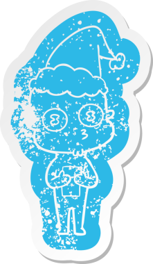 Garip bir çizgi film, insan tarafından çizilmiş Noel Baba şapkası giyen kel bir uzay adamının sıkıntılı çıkartması.